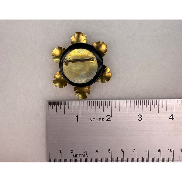 Gold Tone Flower Shaped Vintage Brooch Pin With Abalone Square Centerpiece