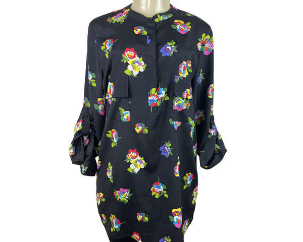 Eclair Black Floral Long Sleeve Tunic Blouse With Button Accents