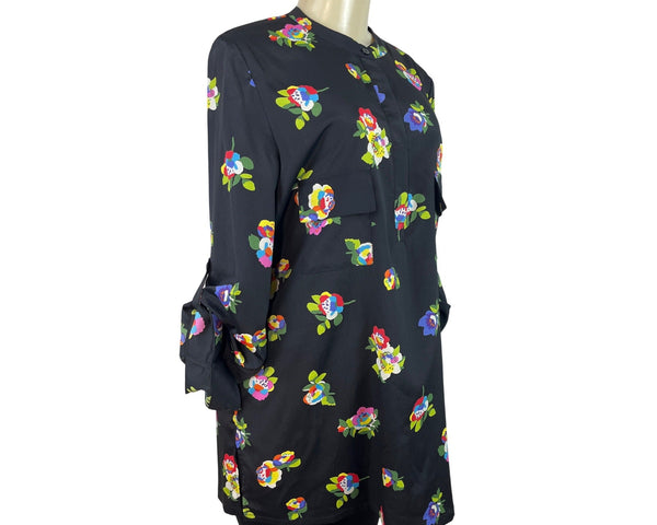 Eclair Black Floral Long Sleeve Tunic Blouse With Button Accents