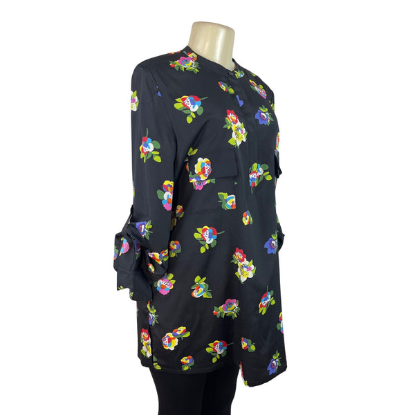 Eclair Black Floral Long Sleeve Tunic Blouse With Button Accents