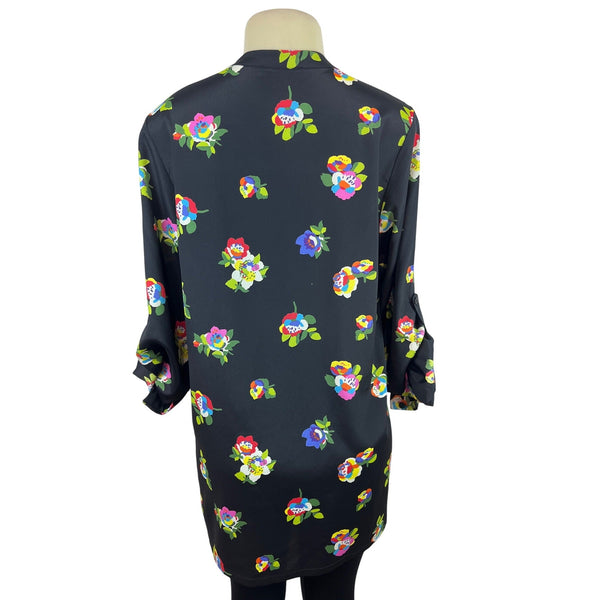 Eclair Black Floral Long Sleeve Tunic Blouse With Button Accents