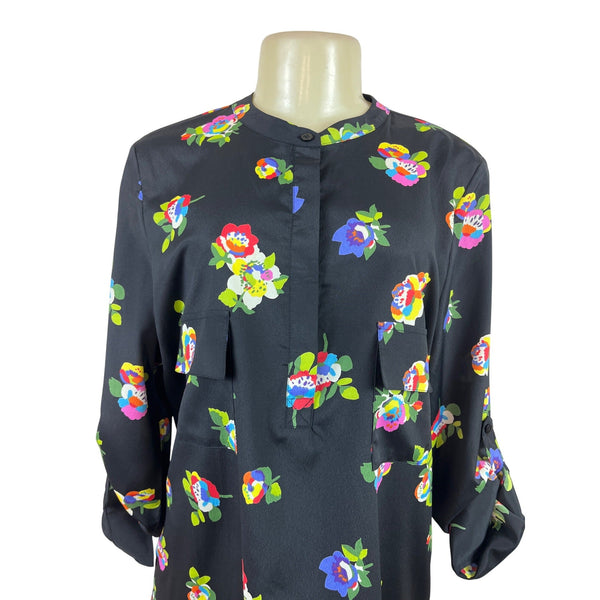 Eclair Black Floral Long Sleeve Tunic Blouse With Button Accents