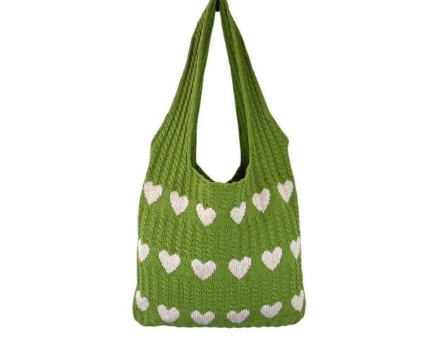 Knitted Green Tote Bag Open Top With White Heart Pattern Size M