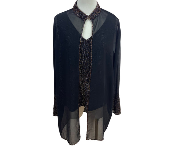 Jkara Black & Gold Sleeveless Top With Sheer Long Sleeve Jacket Set Size 14
