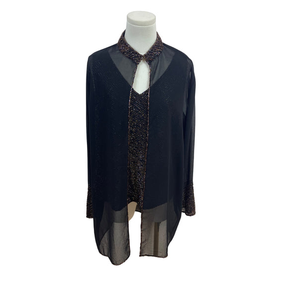 Jkara Black & Gold Sleeveless Top With Sheer Long Sleeve Jacket Set Size 14