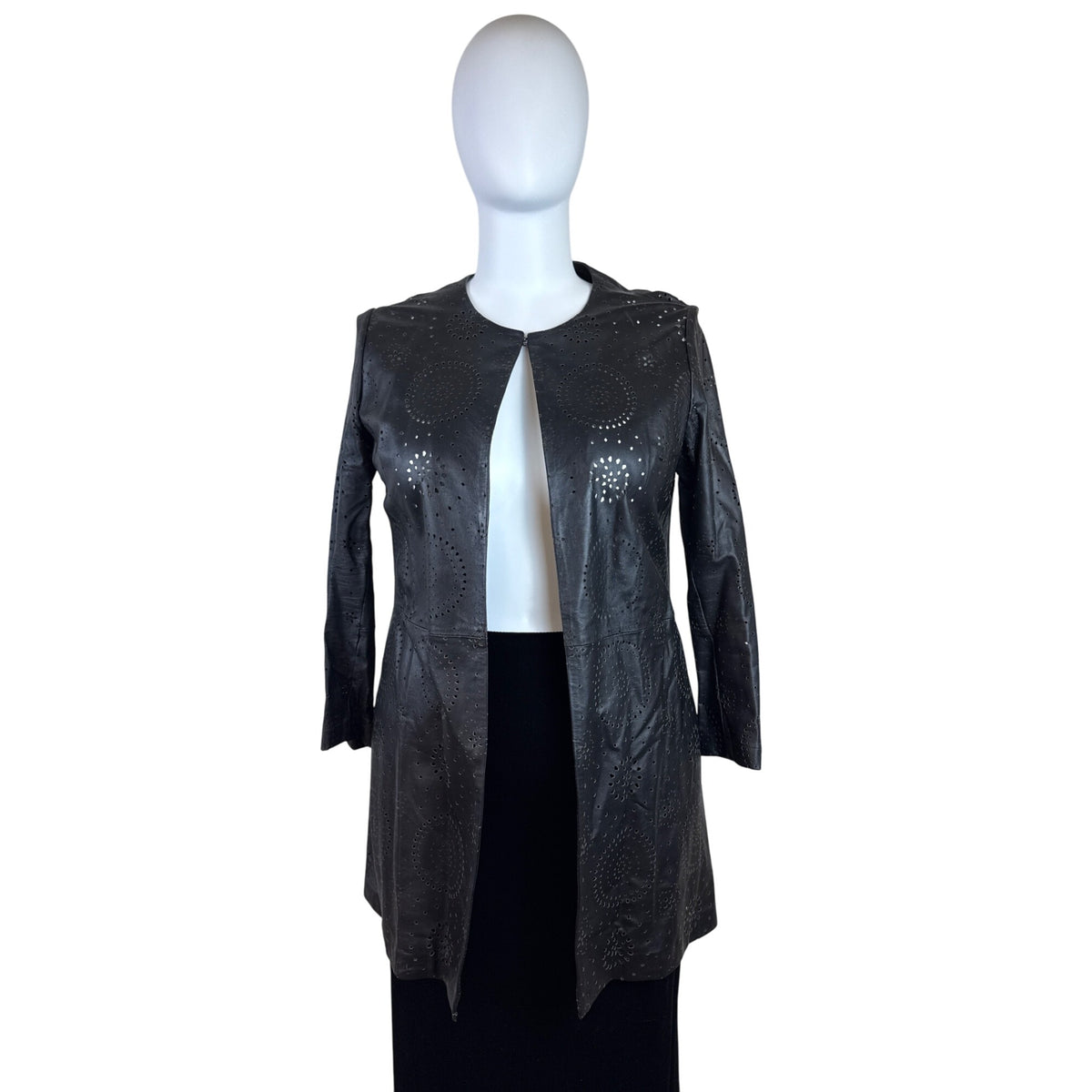 Neiman Marcus Women Black Perforated Leather Jacket Laser Cut Open Front Size XL