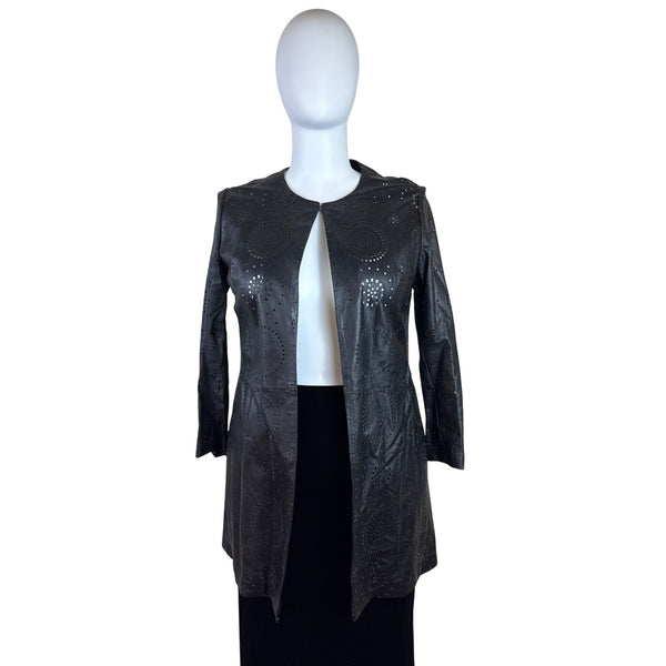 Neiman Marcus Women Black Perforated Leather Jacket Laser Cut Open Front Size XL