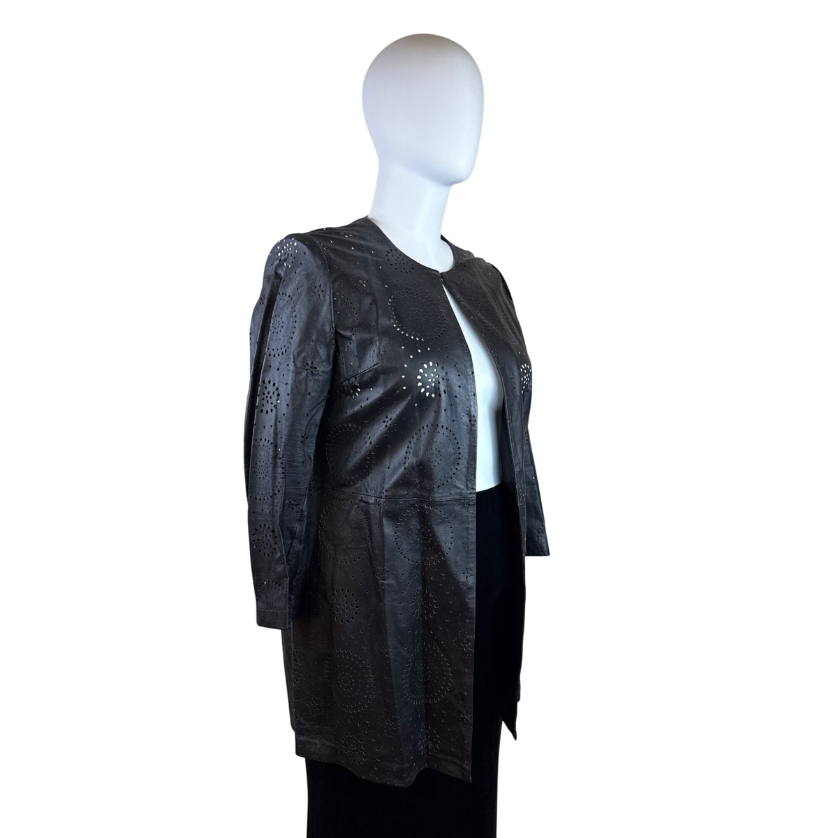 Neiman Marcus Women Black Perforated Leather Jacket Laser Cut Open Front Size XL