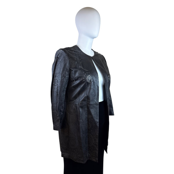 Neiman Marcus Women Black Perforated Leather Jacket Laser Cut Open Front Size XL