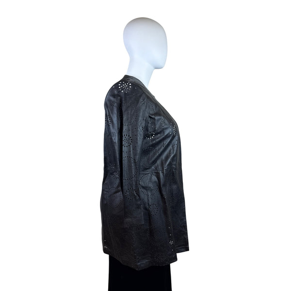 Neiman Marcus Women Black Perforated Leather Jacket Laser Cut Open Front Size XL