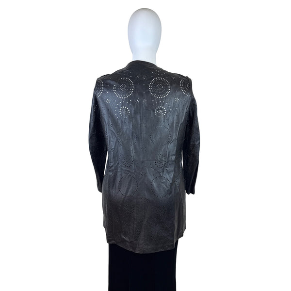 Neiman Marcus Women Black Perforated Leather Jacket Laser Cut Open Front Size XL