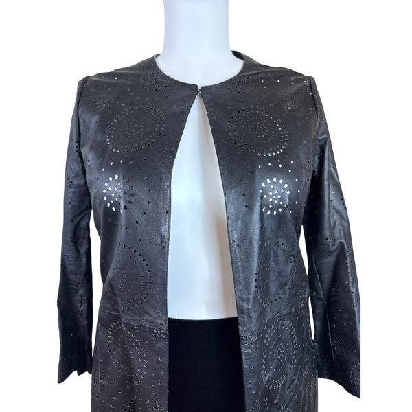 Neiman Marcus Women Black Perforated Leather Jacket Laser Cut Open Front Size XL