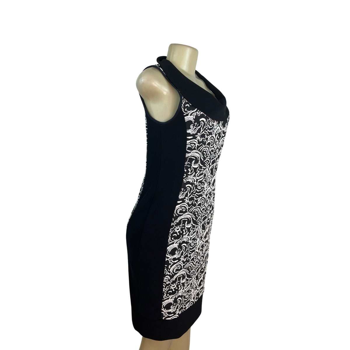 Joseph Ribkoff Sleeveless Black & White Patterned Dress W/ Cowl Neck Women Sz 8