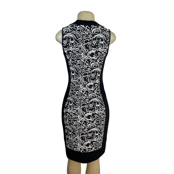 Joseph Ribkoff Sleeveless Black & White Patterned Dress W/ Cowl Neck Women Sz 8