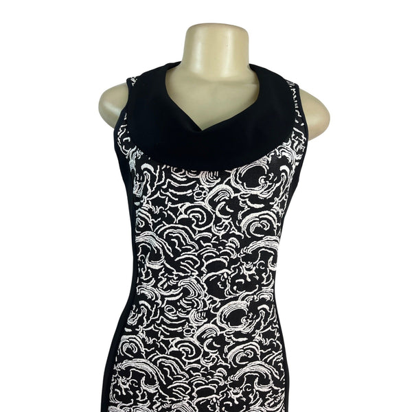 Joseph Ribkoff Sleeveless Black & White Patterned Dress W/ Cowl Neck Women Sz 8