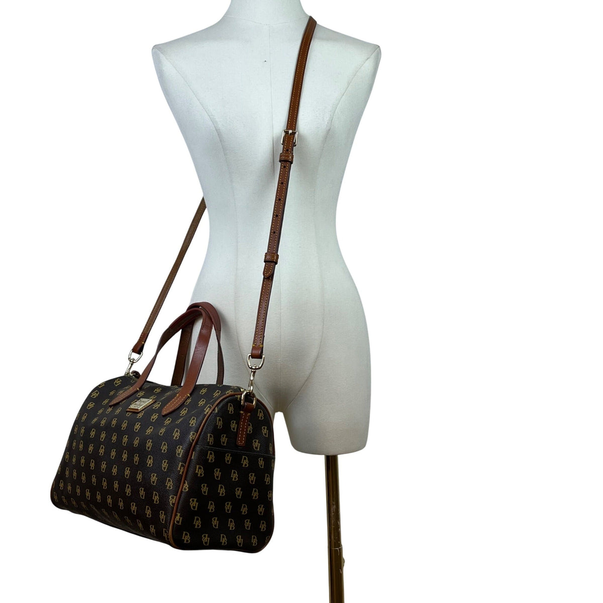 Dooney & Bourke Brown & Tan Monogram With Leather Crossbody Strap Satchel Bag