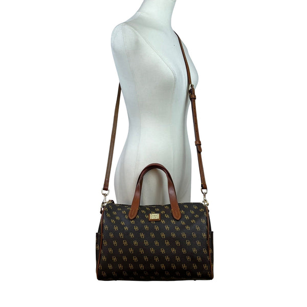 Dooney & Bourke Brown & Tan Monogram With Leather Crossbody Strap Satchel Bag