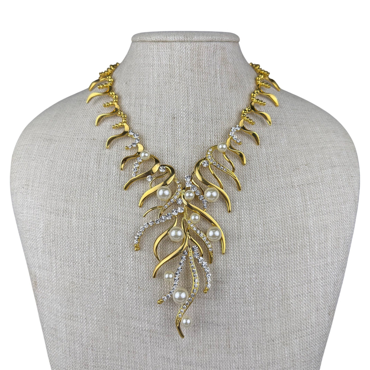 Gold Tone Womens Necklace W/ Faux Pearls & Crystals Branch Design