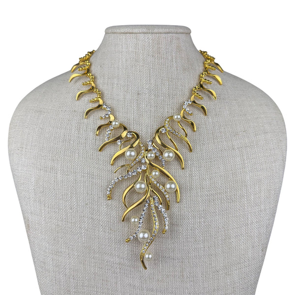 Gold Tone Womens Necklace W/ Faux Pearls & Crystals Branch Design