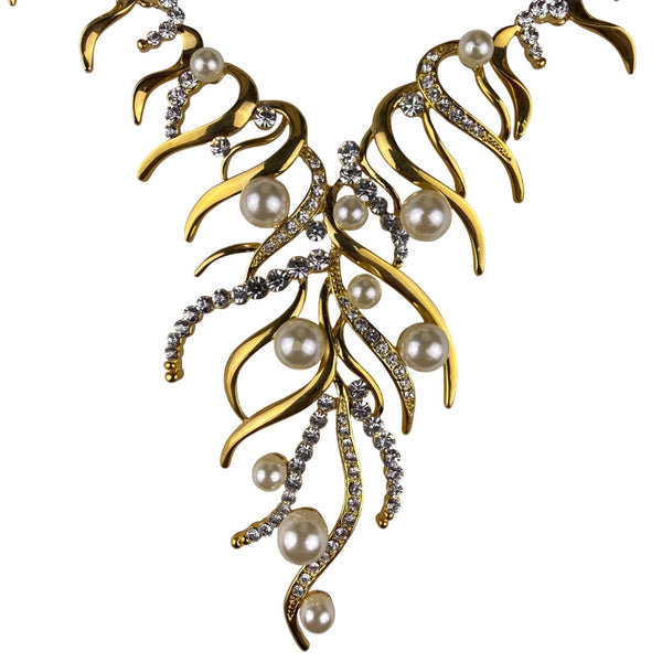 Gold Tone Womens Necklace W/ Faux Pearls & Crystals Branch Design