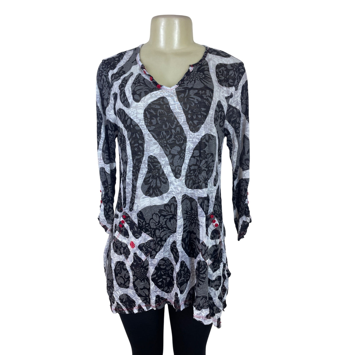 Top Ligne Women's Black & White Floral Tunic Lightweight Knit V Neck Size M