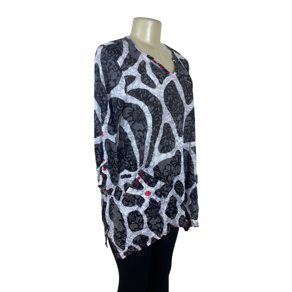 Top Ligne Women's Black & White Floral Tunic Lightweight Knit V Neck Size M