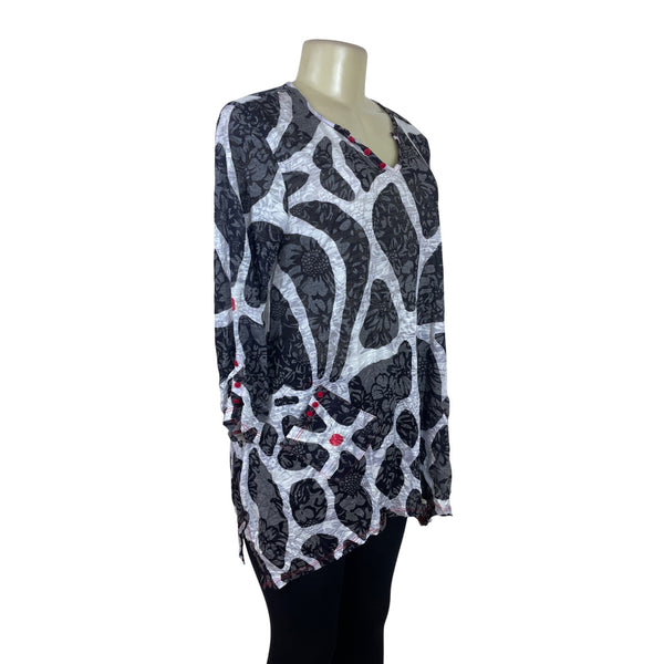 Top Ligne Women's Black & White Floral Tunic Lightweight Knit V Neck Size M