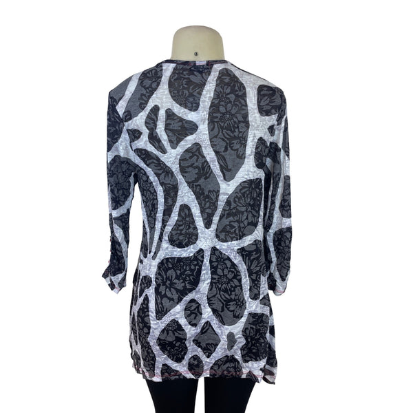 Top Ligne Women's Black & White Floral Tunic Lightweight Knit V Neck Size M
