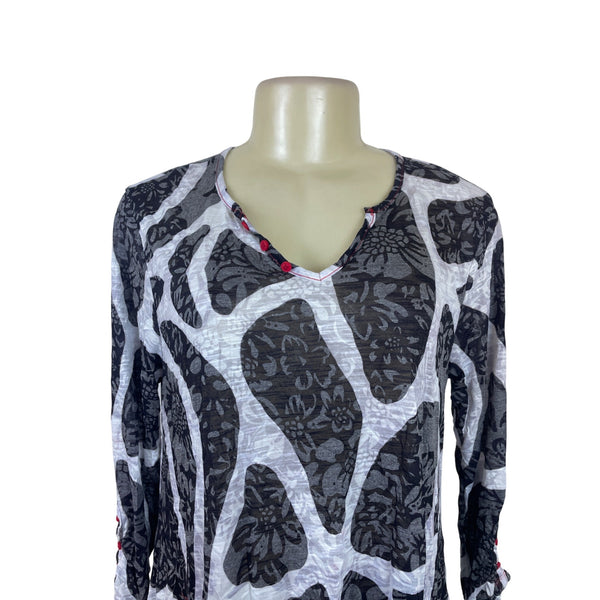 Top Ligne Women's Black & White Floral Tunic Lightweight Knit V Neck Size M