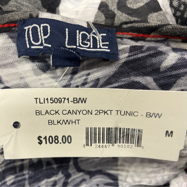 Top Ligne Women's Black & White Floral Tunic Lightweight Knit V Neck Size M