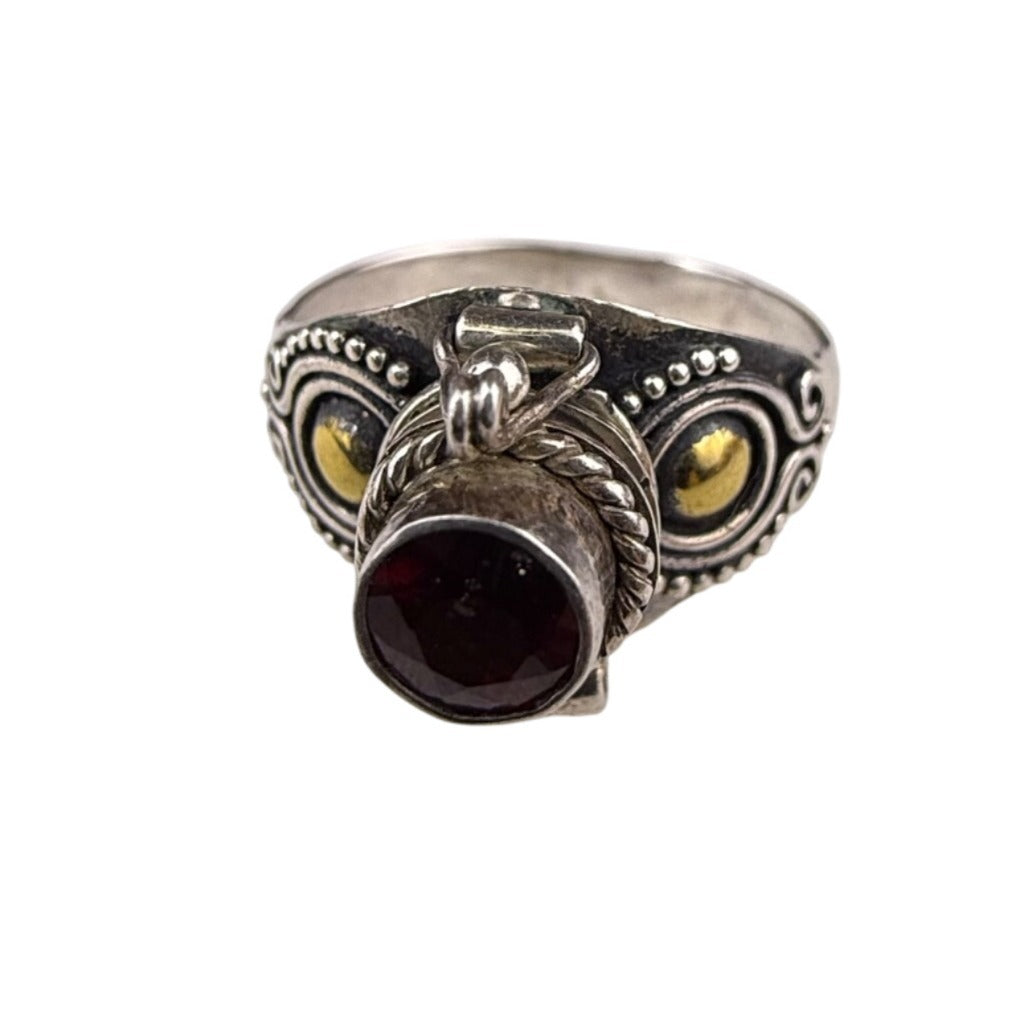 Sterling Silver Womens Garnet Poison Ring Unique Hinged Design Trinket Size 6