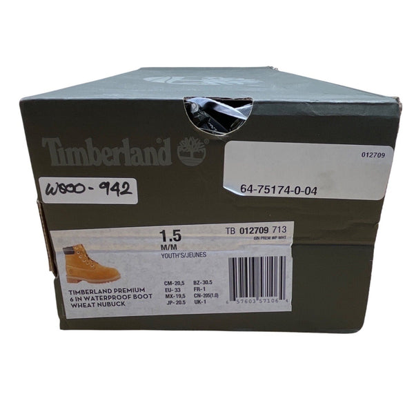 Timberland Premium Youth Brown Nubuck Waterproof Wheat 6" Boots Size 1.5M
