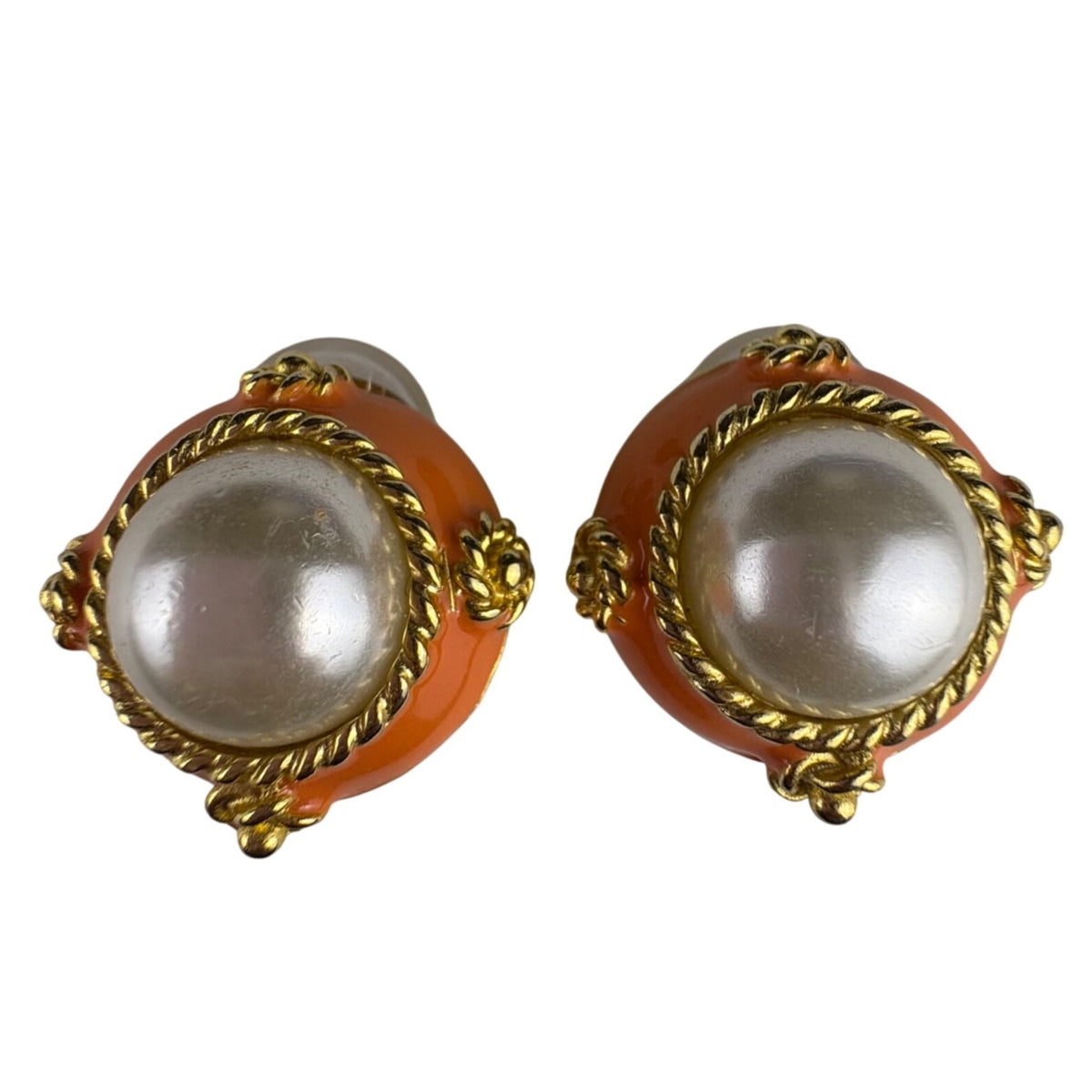 Vintage Clip-On Earrings Gold Tone Faux Pearl Orange Enamel Retro Statement Jewelry