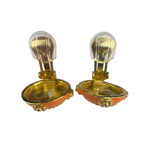 Vintage Clip-On Earrings Gold Tone Faux Pearl Orange Enamel Retro Statement Jewelry