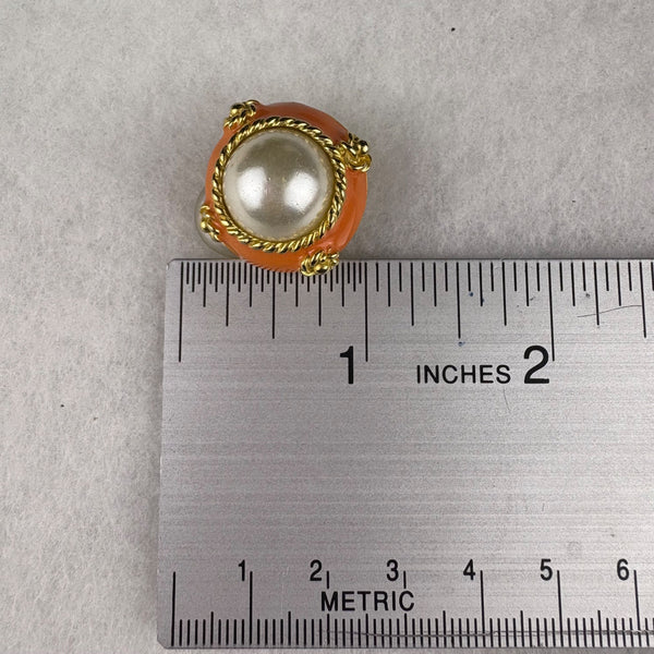 Vintage Clip-On Earrings Gold Tone Faux Pearl Orange Enamel Retro Statement Jewelry