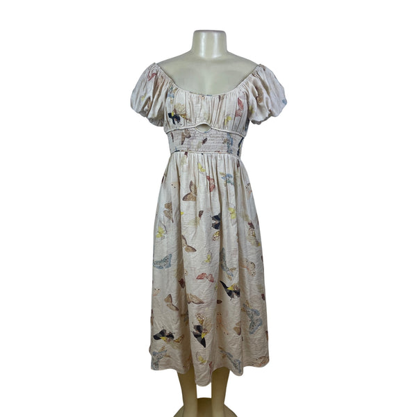 Jacquie The Label Butterfly Print Women’s White Peasant Dress Size S
