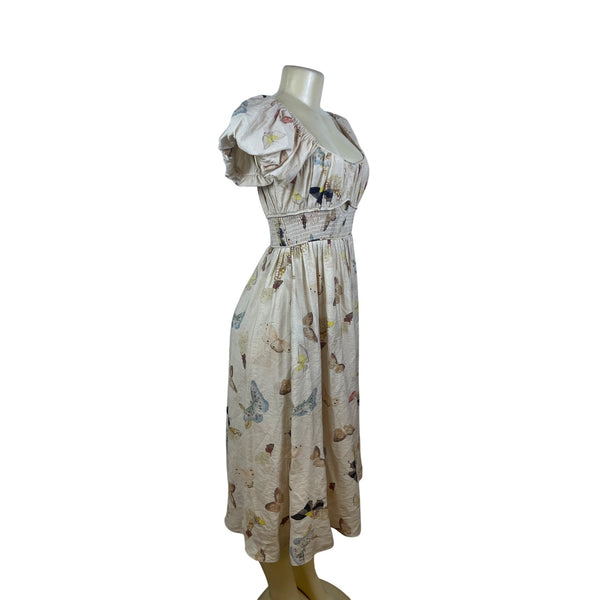 Jacquie The Label Butterfly Print Women’s White Peasant Dress Size S