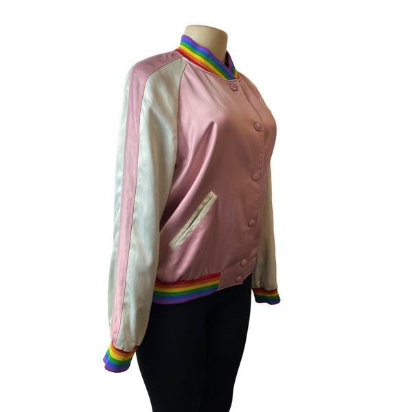 Coach Women's Pink Button Down Varsity Jacket With Rainbow Trim Sz M