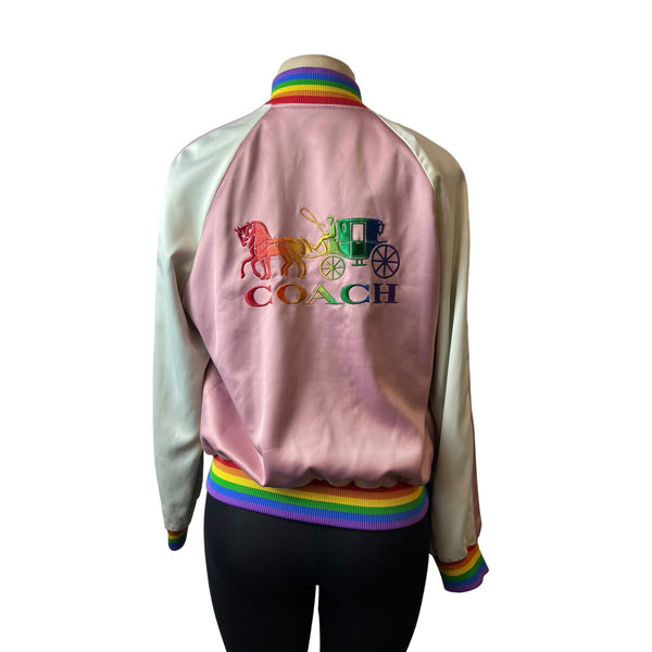 Coach Women's Pink Button Down Varsity Jacket With Rainbow Trim Sz M