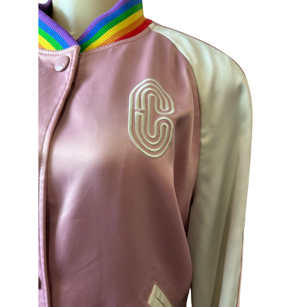 Coach Women's Pink Button Down Varsity Jacket With Rainbow Trim Sz M