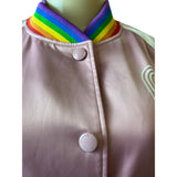 Coach Women's Pink Button Down Varsity Jacket With Rainbow Trim Sz M
