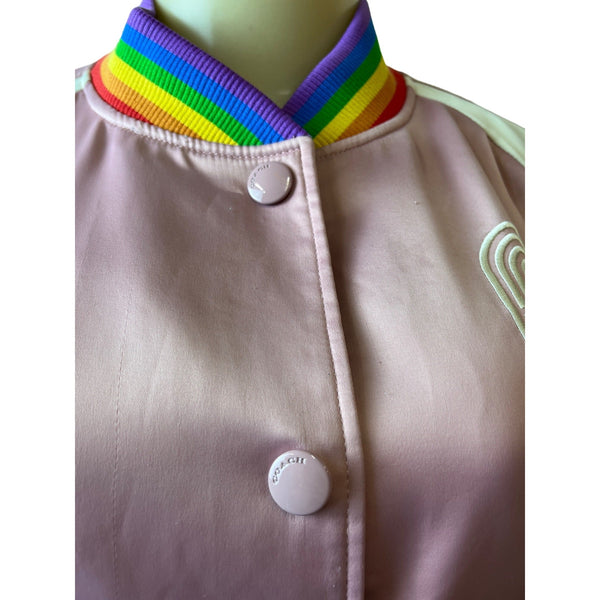 Coach Women's Pink Button Down Varsity Jacket With Rainbow Trim Sz M