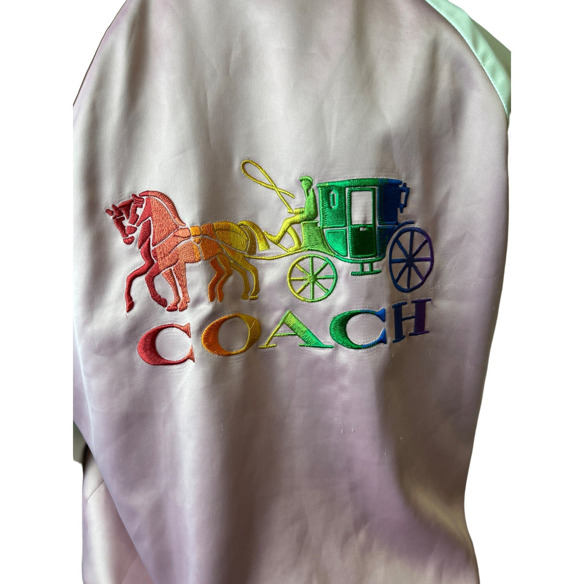 Coach Women's Pink Button Down Varsity Jacket With Rainbow Trim Sz M