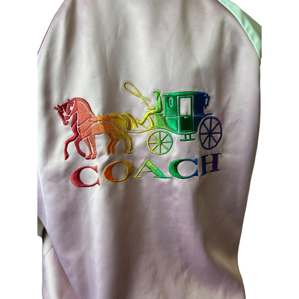 Coach Women's Pink Button Down Varsity Jacket With Rainbow Trim Sz M
