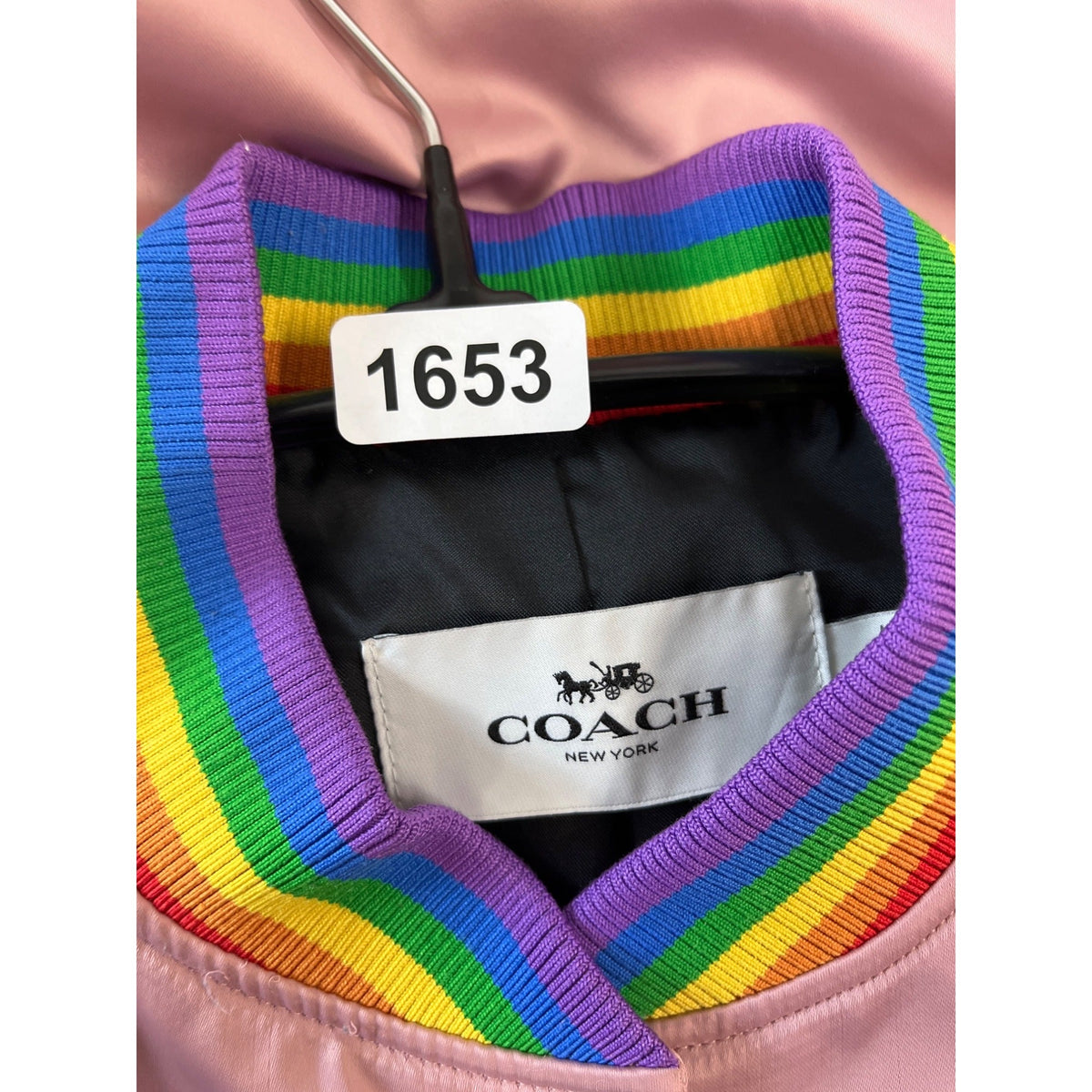 Coach Women's Pink Button Down Varsity Jacket With Rainbow Trim Sz M