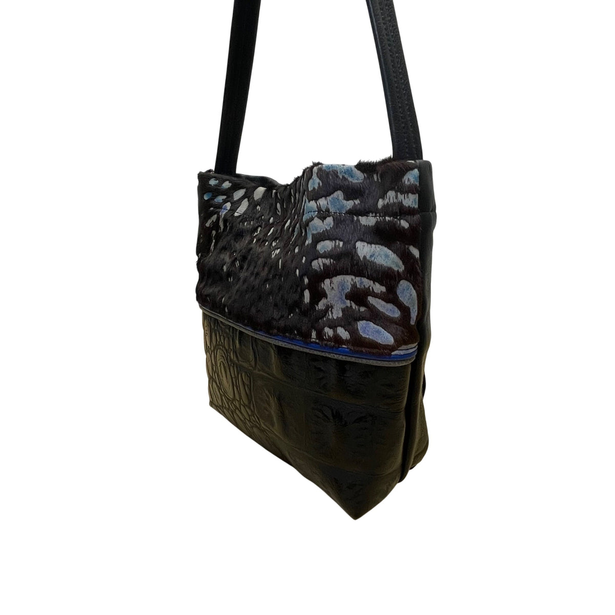 Black & Blue Women’s Faux Crocodile And Fur Shoulder Bag With Adjustable Strap