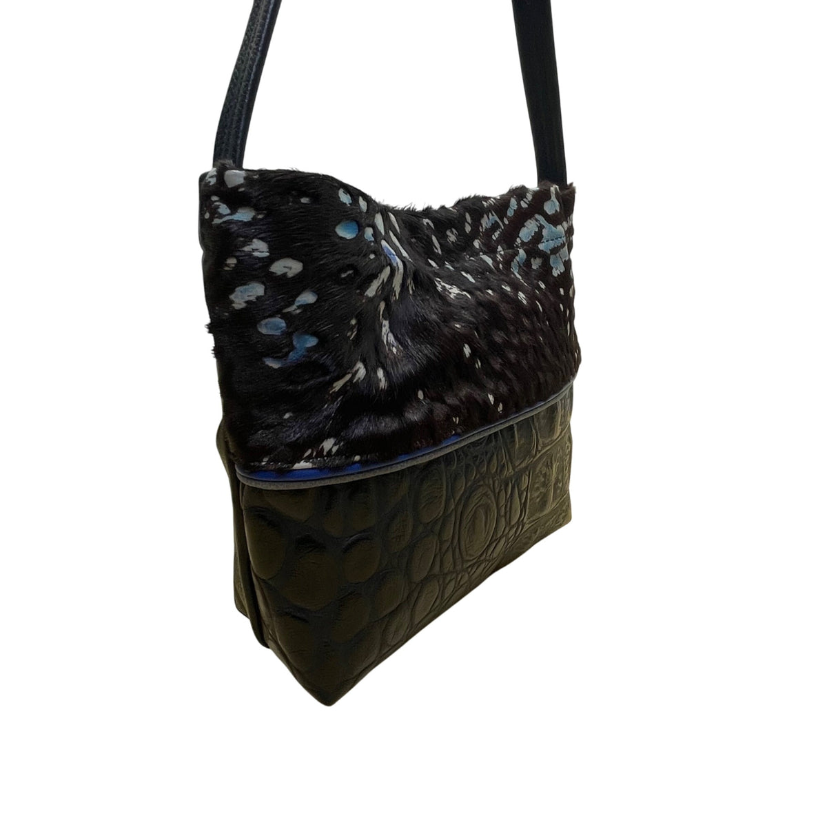 Black & Blue Women’s Faux Crocodile And Fur Shoulder Bag With Adjustable Strap