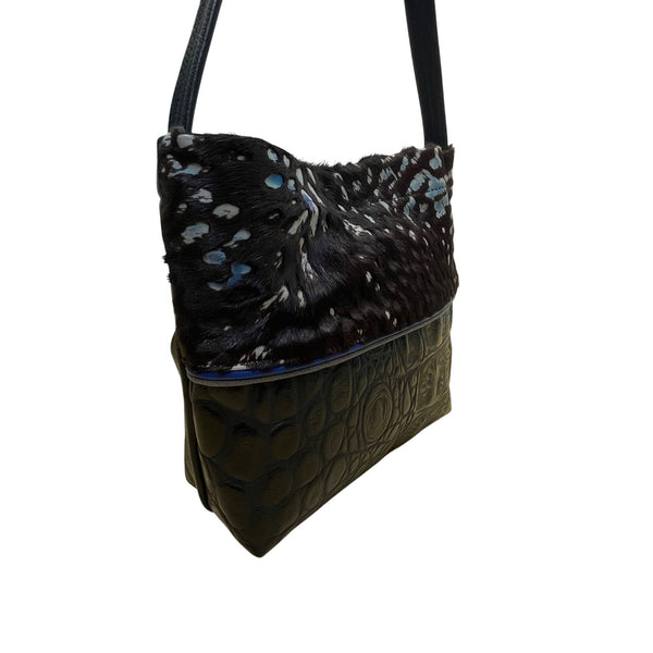 Black & Blue Women’s Faux Crocodile And Fur Shoulder Bag With Adjustable Strap