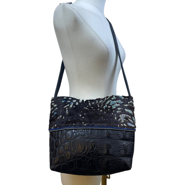 Black & Blue Women’s Faux Crocodile And Fur Shoulder Bag With Adjustable Strap