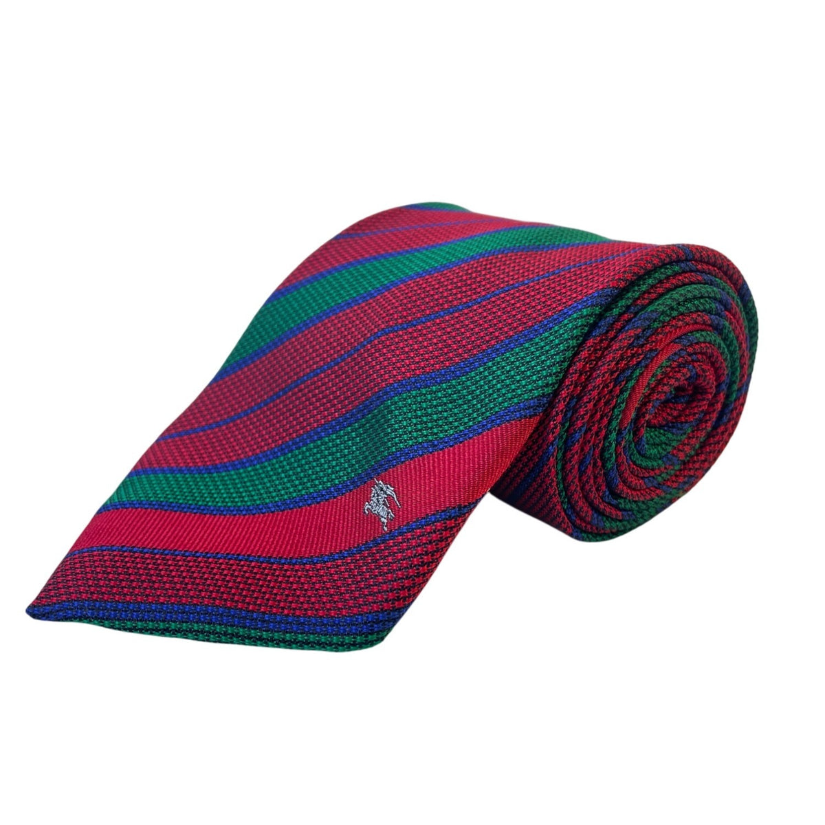 Vintage Burberry Red Green Silk Striped Tie Herringbone Logo Accent Classic